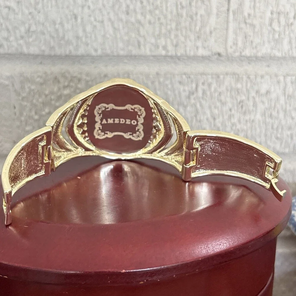 Amedeo NYC Cameo Shell Crystal Hinged Chunky Wide Gold Bangle Bracelet 6.5-7